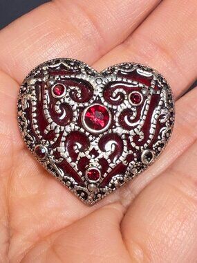 Monet Heart Brooch Red Rhinestone Openwork Silver Tone Pin